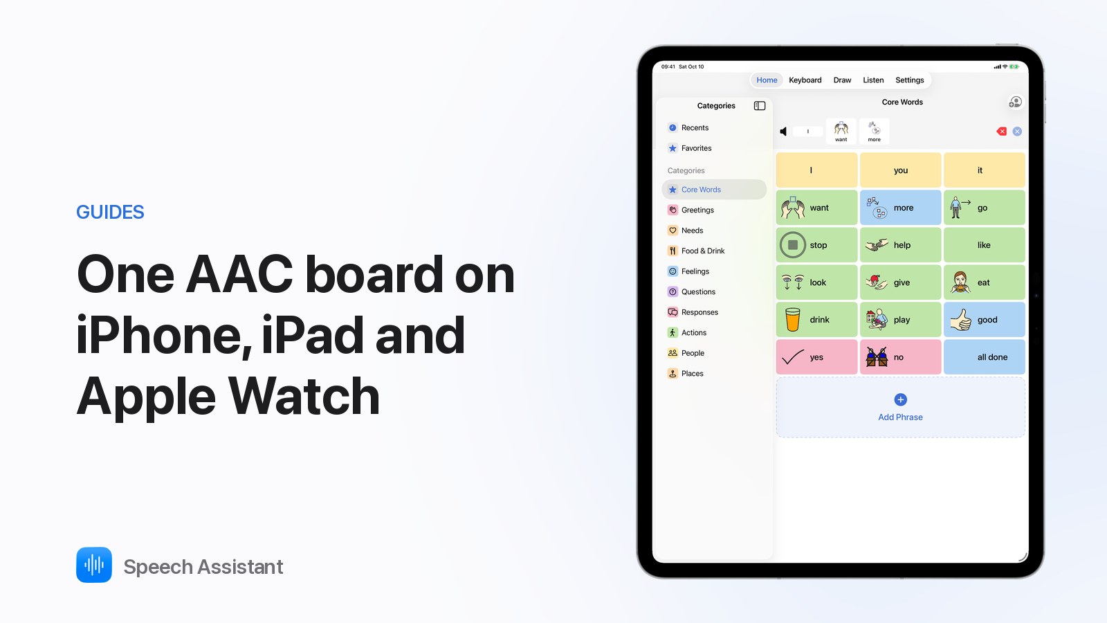 Speech Assistant on iPad, iPhone and Apple Watch showing the same communication boards