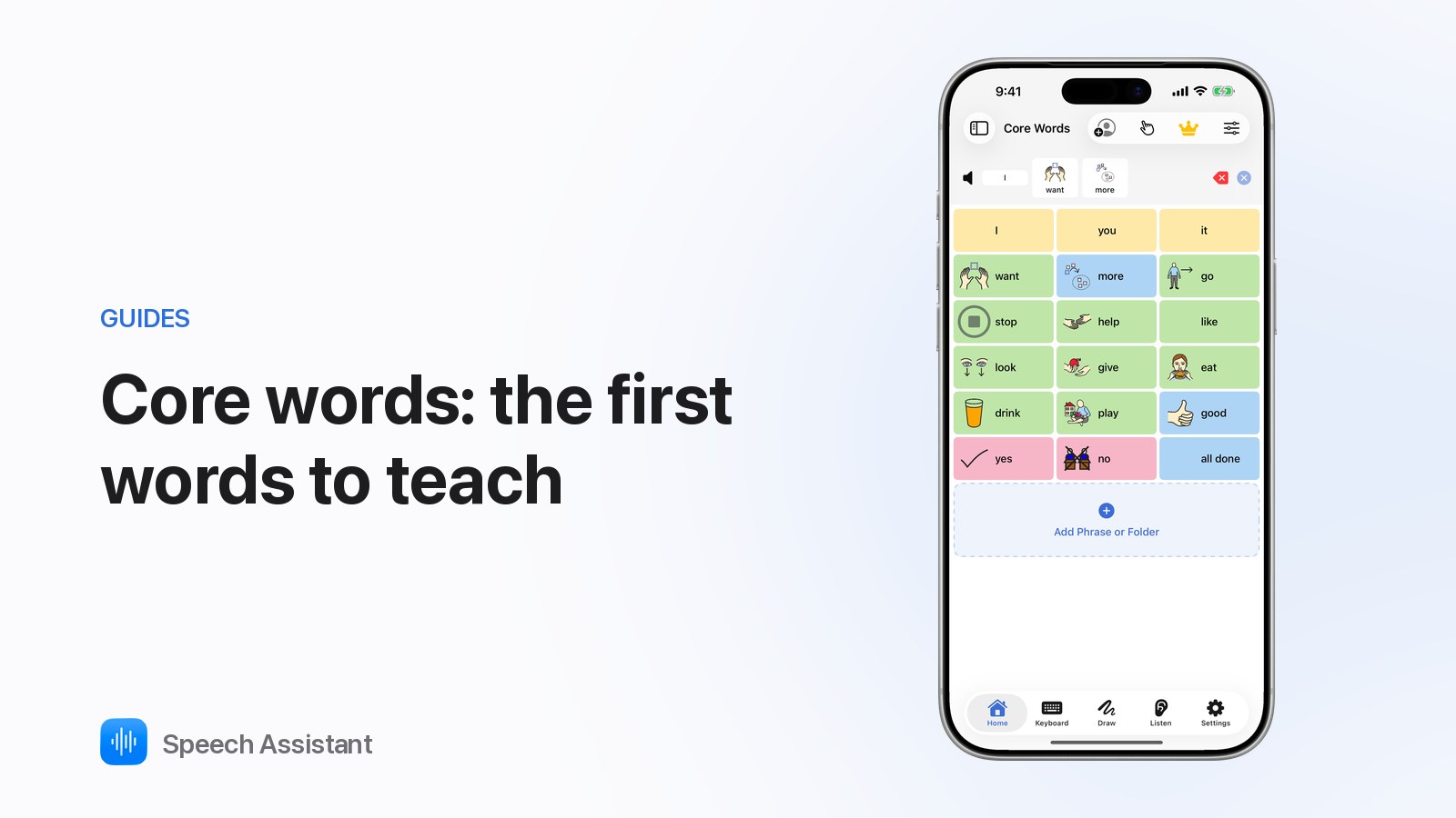Speech Assistant Core Words board on iPhone, coloured by word type