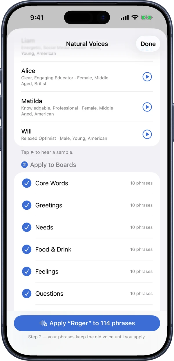 Speech Assistant Apply to Boards step with boards ticked and the Apply button
