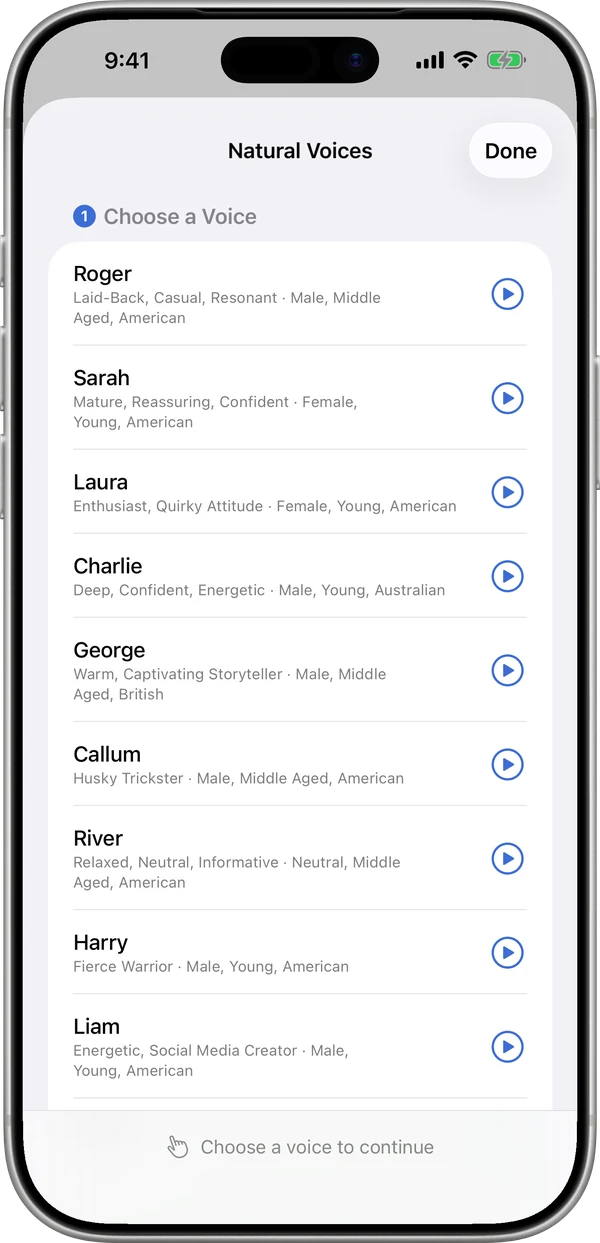 Speech Assistant Natural Voices list with Roger, Sarah, Laura and more, each with a play button
