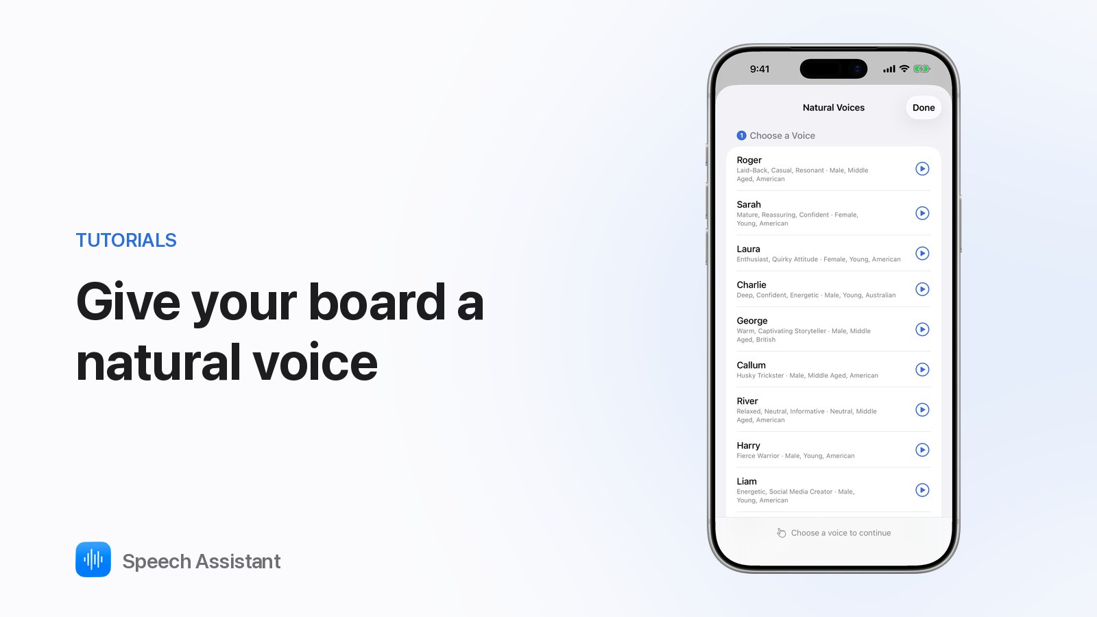 Natural Voices in Speech Assistant on iPhone, with a list of voices to choose from