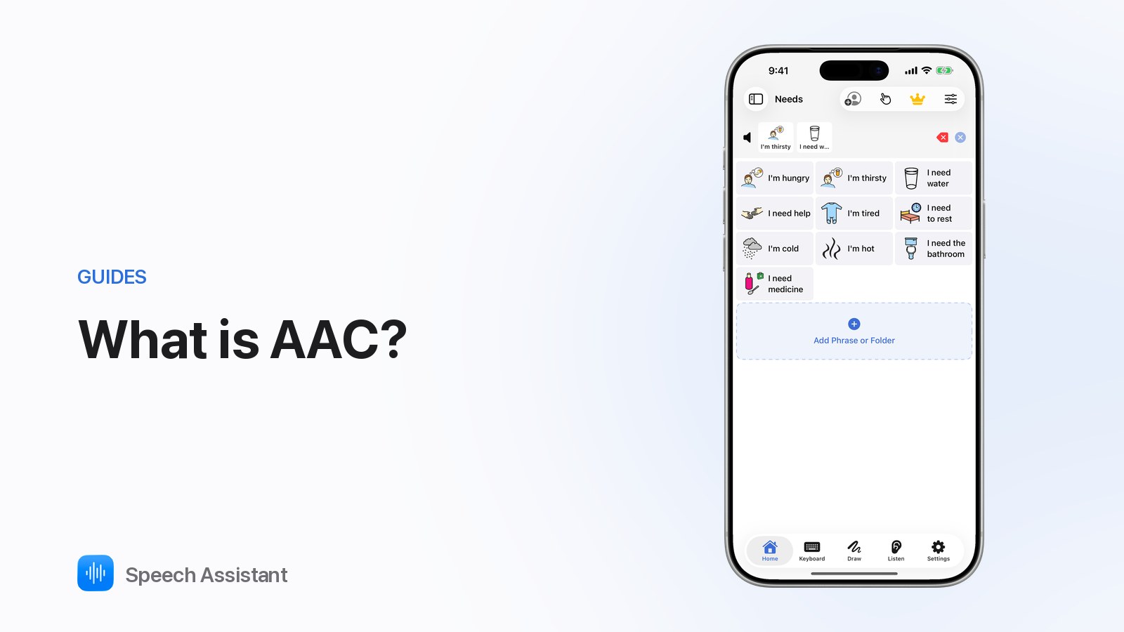 Speech Assistant on iPhone showing a board of picture symbol tiles