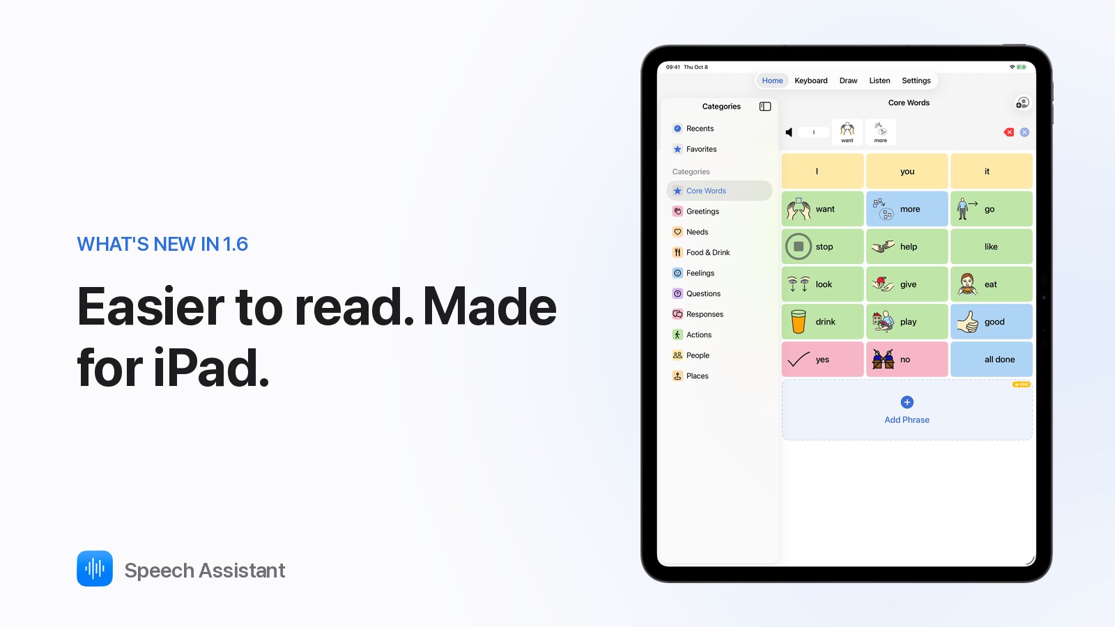Speech Assistant 1.6 on iPad with large Core Words tiles
