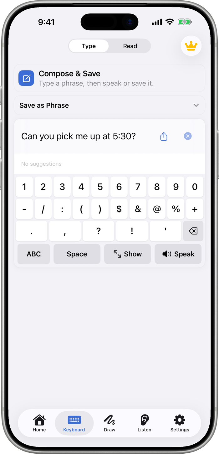 Speech Assistant keyboard with numbers and punctuation